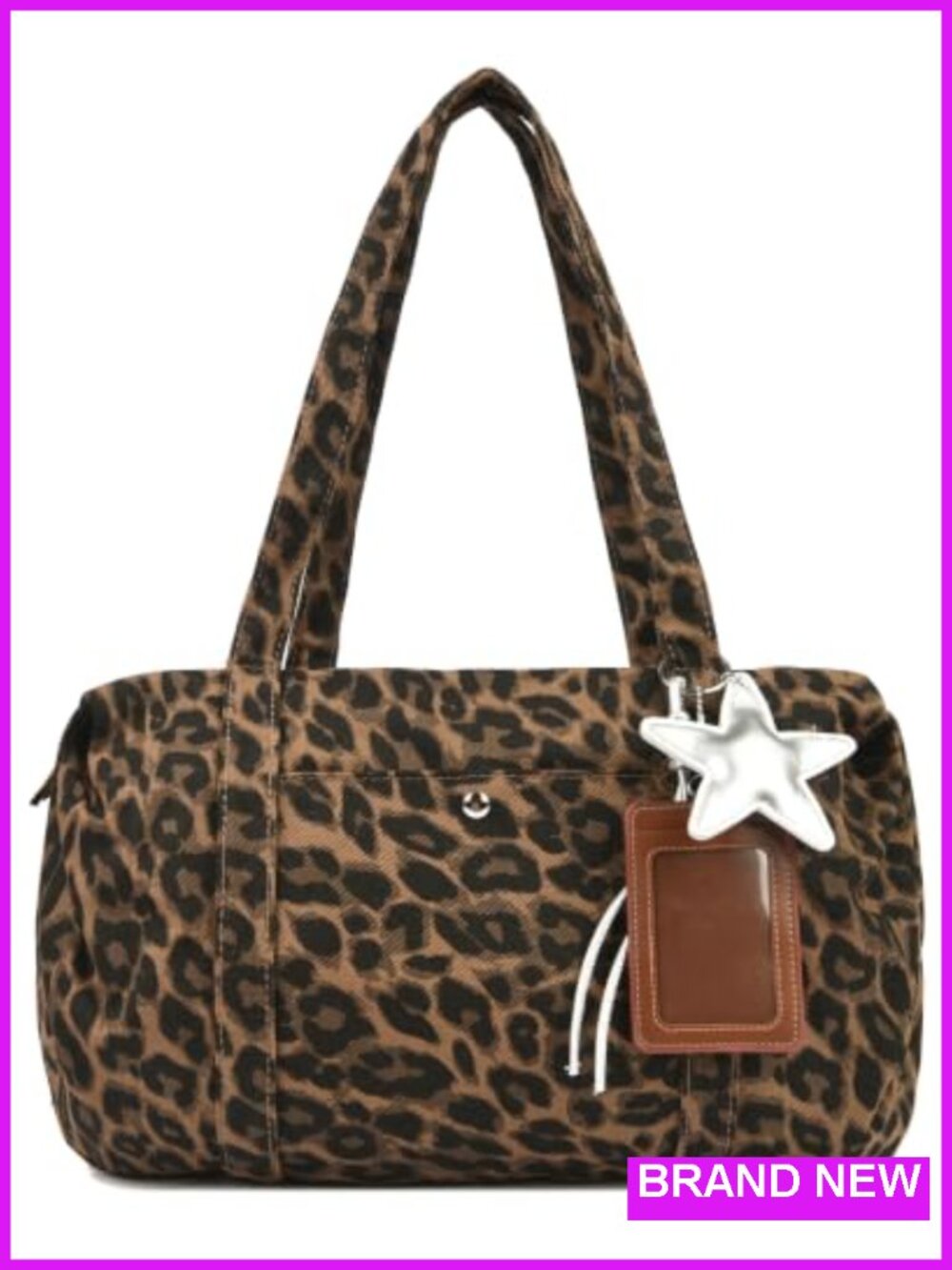 Leopard Print Canvas Boston Shoulder Bag with Kpop Photocard Holder Keychain